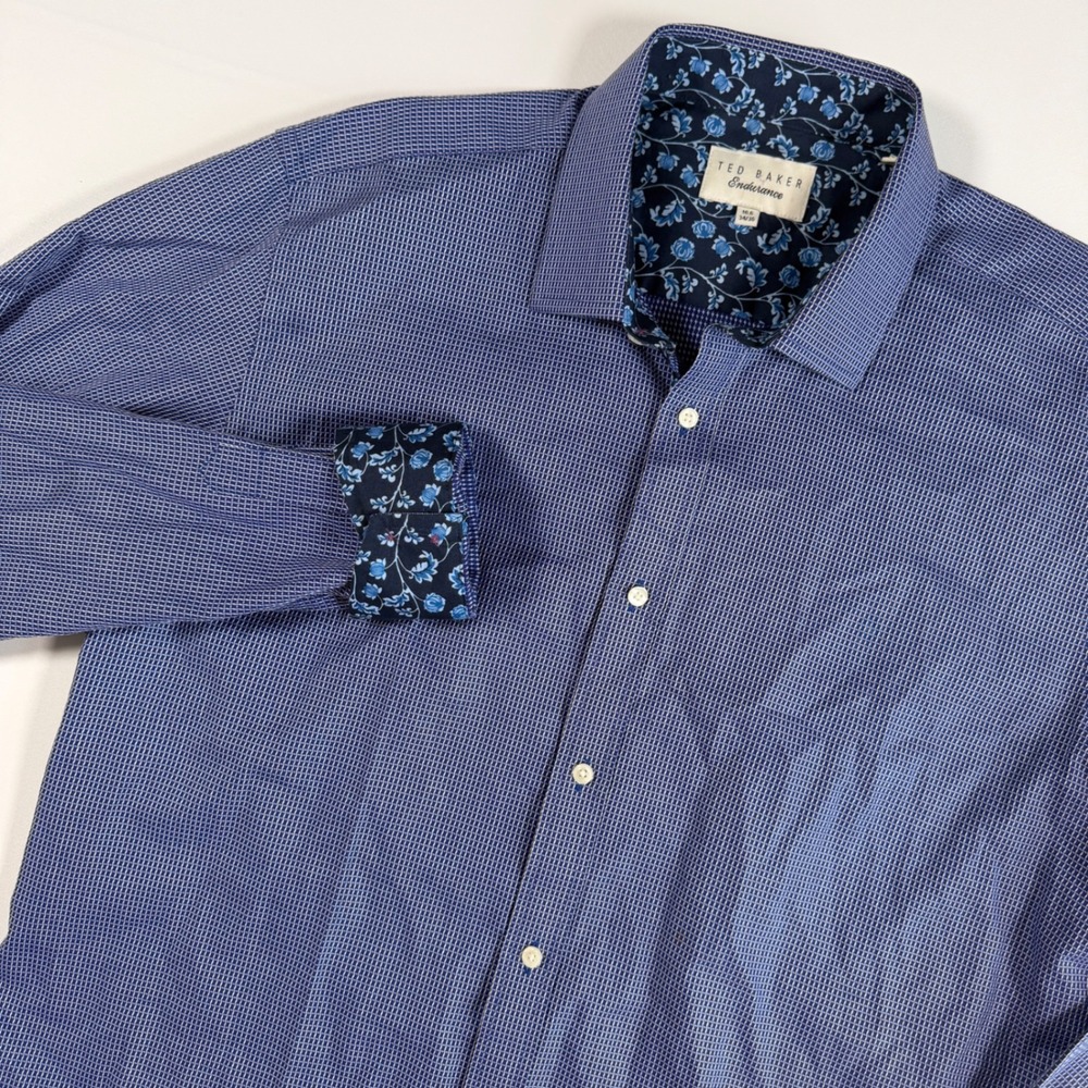 Ted Baker Endurance Shirt Mens 16.5 34/35 Blue Geometric Floral Contrast Trim
